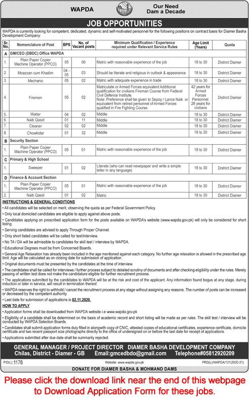 WAPDA Jobs October 2020 Application Form Chowkidar, Naib Qasid & Others Water and Power Development Authority Latest