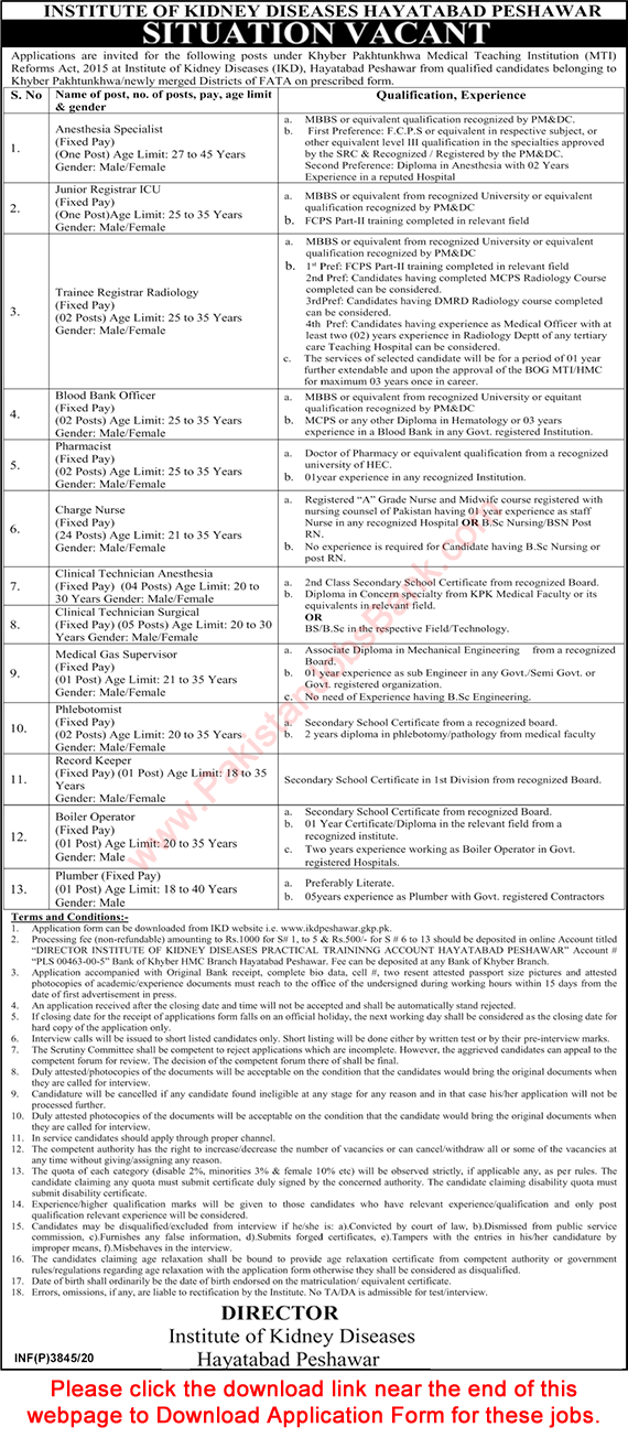 Institute of Kidney Diseases Hayatabad Peshawar Jobs 2020 October IKD Application Form Nurses, Clinical Technicians & Others Latest