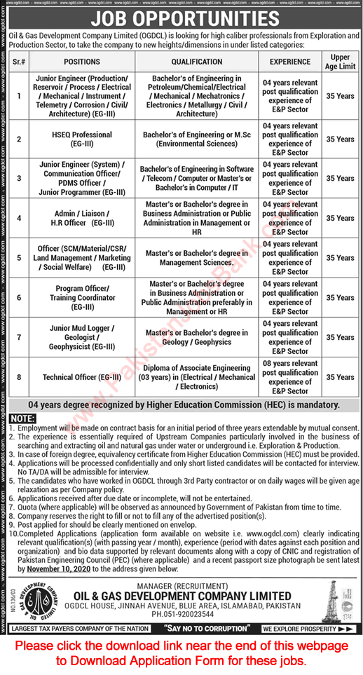 OGDCL Jobs October 2020 Application Form Junior Engineers, Officers & Others Oil and Gas Development Company Limited Latest