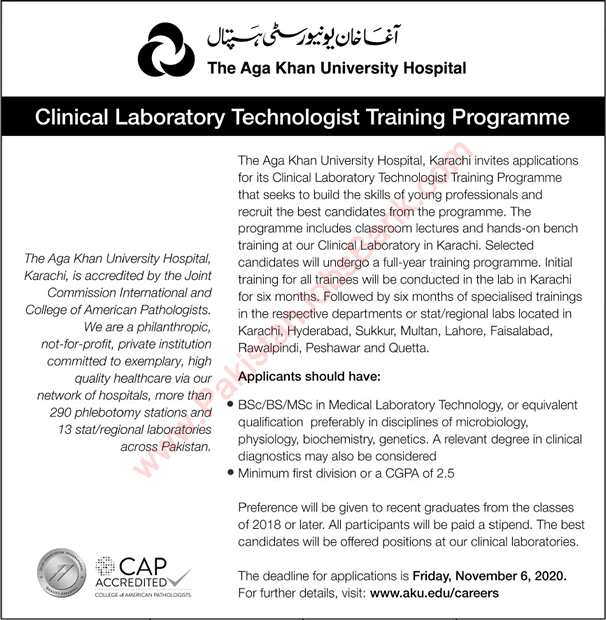 Aga Khan University Hospital Karachi Clinical Lab Technologist Training Program 2020 October Latest