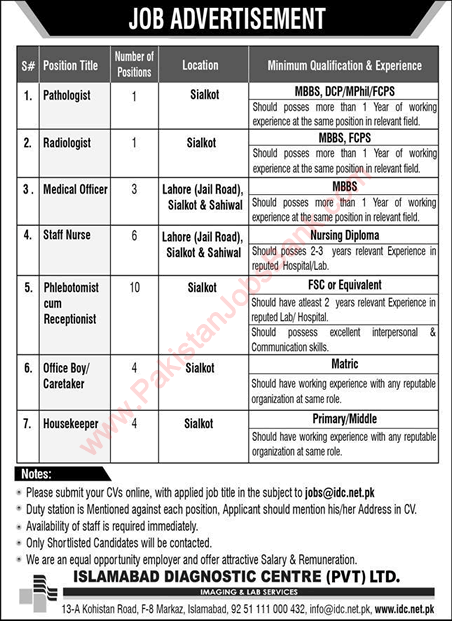 IDC Jobs October 2020 Islamabad Diagnostic Centre Receptionists, Nurses, Medical Officers & Others Latest
