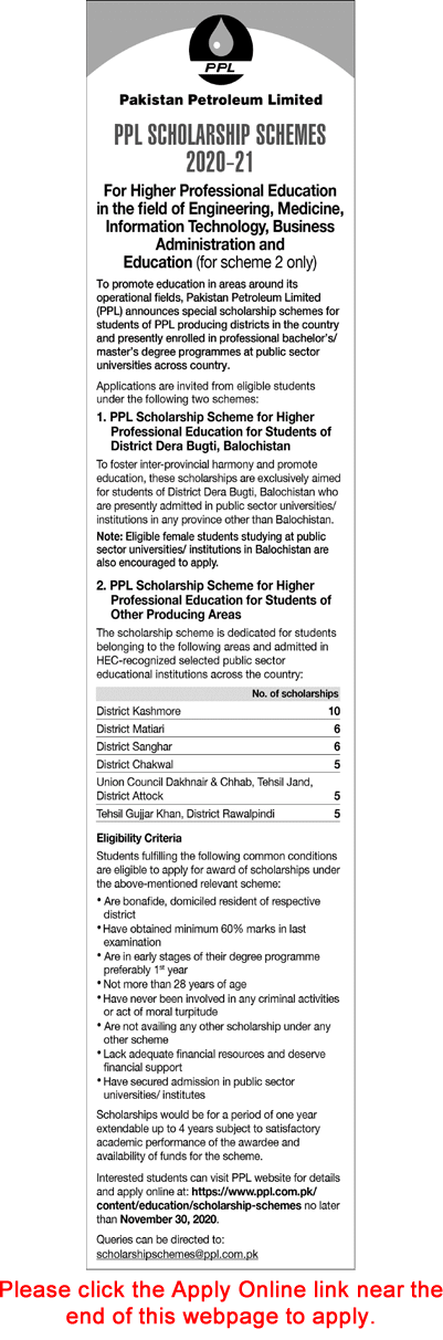 PPL Scholarship Scheme 2020 October Apply Online Pakistan Petroleum Limited Latest