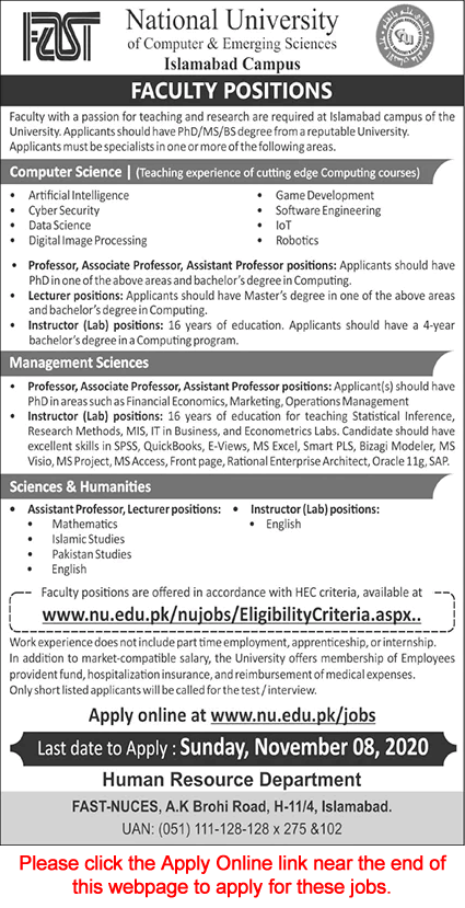 Teaching Faculty Jobs in FAST National University Islamabad November 2020 Apply Online Latest