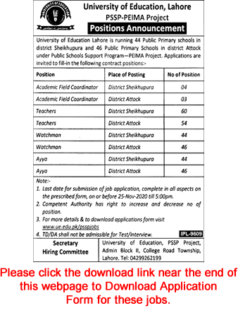 University of Education Jobs November 2020 Sheikhupura / Attock Schools Application Form PSSP-PEIMA Latest