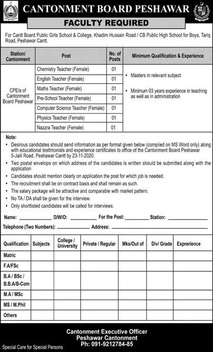 Female Teacher Jobs in Cantonment Board Public Schools Peshawar November 2020 Latest