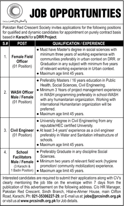 PRCS Jobs 2020 November Karachi School Facilitators & Others Pakistan Red Crescent Society Latest