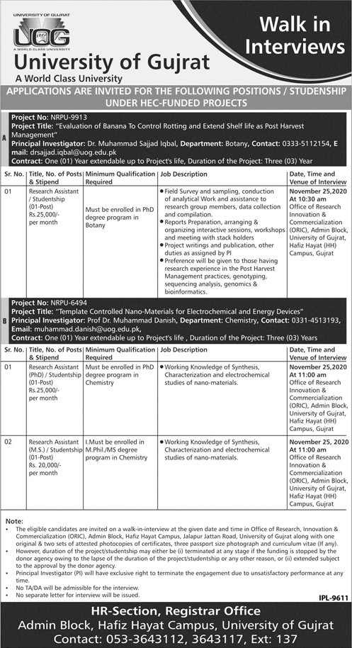 Research Assistant Jobs in University of Gujrat 2020 November Walk in Interview Studentship Latest