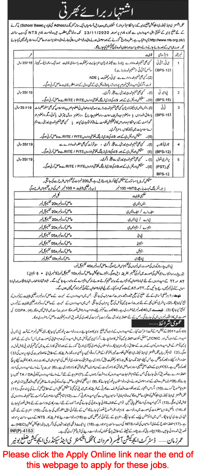 Elementary and Secondary Education Department Buner Jobs November 2020 KPK NTS Apply Online Latest