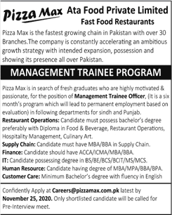 Pizza Max Pakistan Management Trainee Program 2020 November MTO Latest
