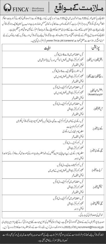 FINCA Microfinance Bank Jobs November 2020 Credit / Recovery Officers & Others Latest