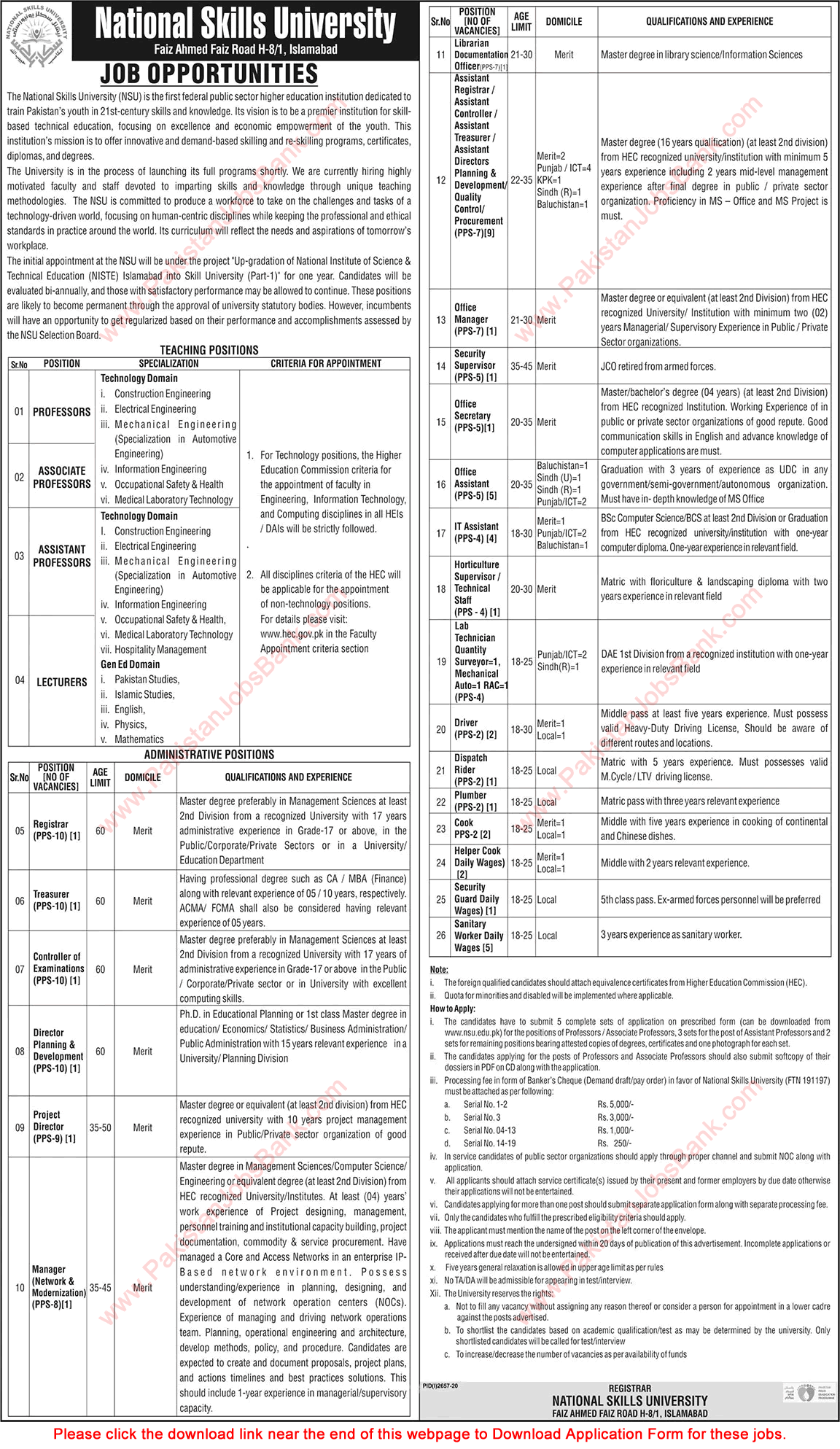 National Skills University Islamabad Jobs November 2020 Application Form Teaching Faculty & Others Latest