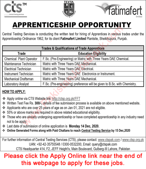 Fatima Fertilizer Apprenticeship November 2020 December CTS Online Apply FFCL Sheikhupura Latest