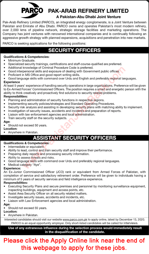 Security Officer Jobs in PARCO November 2020 December Apply Online Pak Arab Refinery Limited Latest