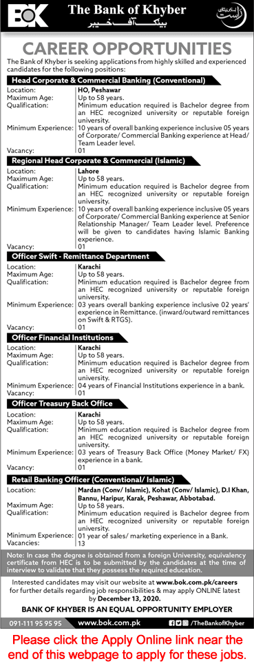 Bank of Khyber Jobs November 2020 December Apply Online Retail Banking Officers & Others Latest
