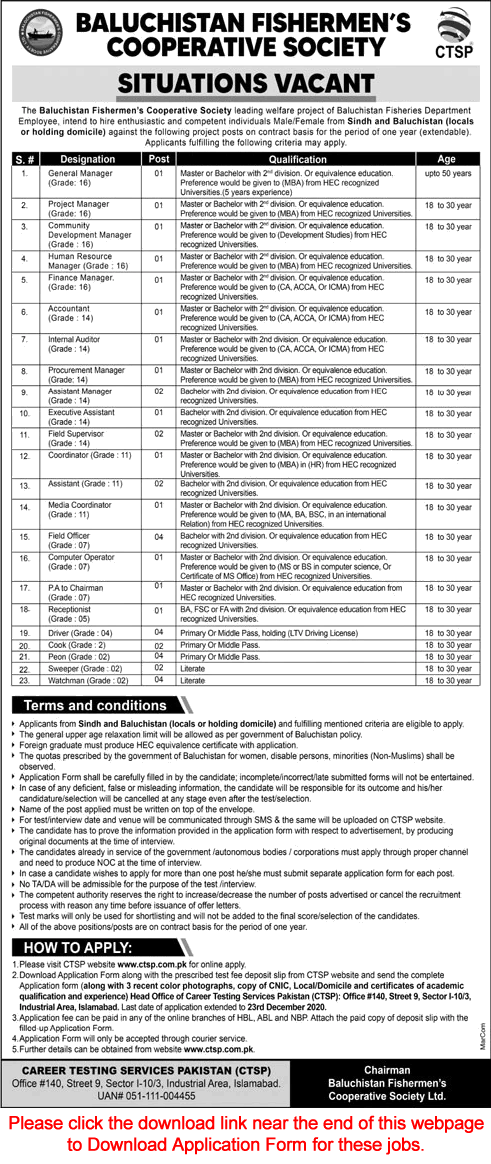 Balochistan Fishermen Cooperative Society Jobs December 2020 CTSP Application Form Latest