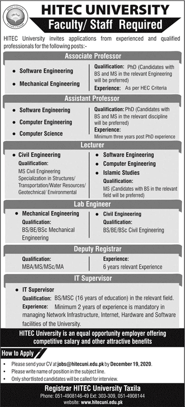 HITEC University Taxila Jobs December 2020 Teaching Faculty & Others Latest