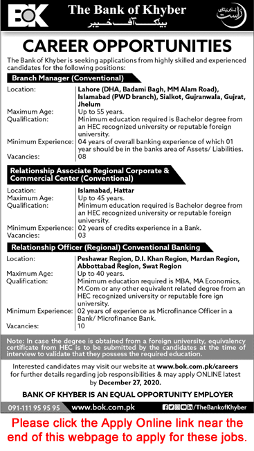 Bank of Khyber Jobs December 2020 Apply Online Relationship Officers / Associate & Branch Managers Latest