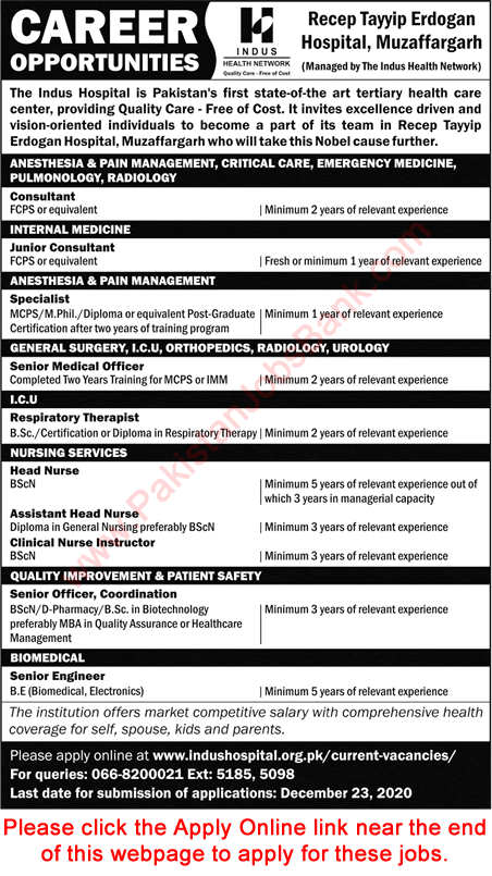 Indus Hospital Muzaffargarh Jobs December 2020 Apply Online Recep Tayyip Erdogan Hospital Latest