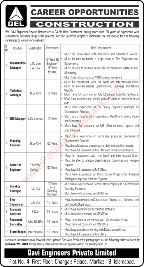 Qavi Engineers Pvt Ltd Islamabad Jobs December 2020 Civil Engineers & Others QEL Latest