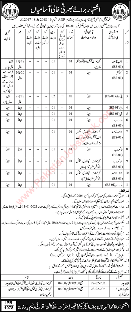 Education Department Rahim Yar Khan Jobs December 2020 Khakroob, Naib Qasid & Others Latest