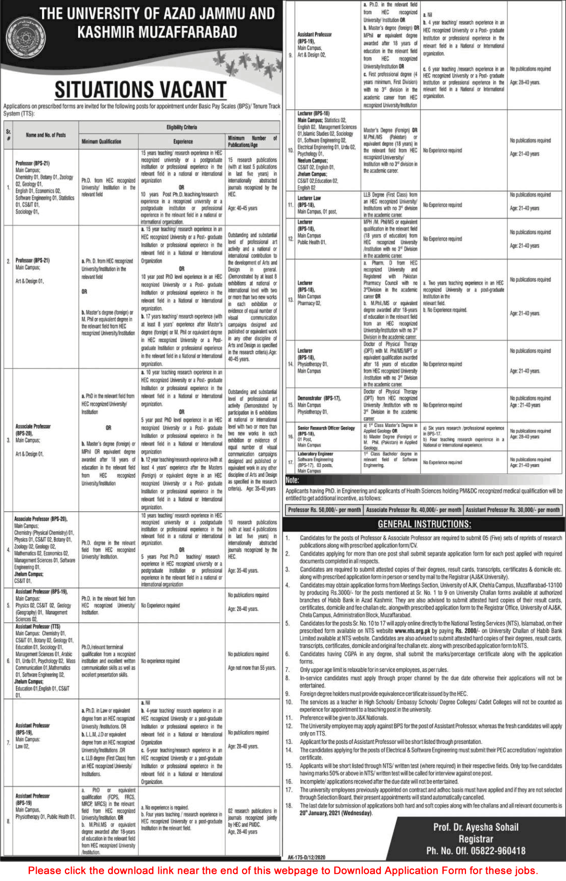 University of AJK Muzaffarabad Jobs December 2020 NTS Application Form Teaching Faculty & Others Latest