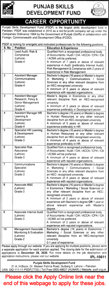 PSDF Lahore Jobs December 2020 Apply Online Punjab Skills Development Fund Latest