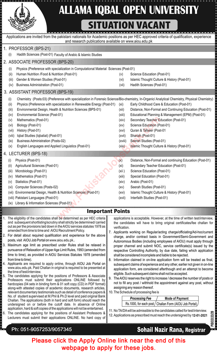 Allama Iqbal Open University Jobs December 2020 AIOU Apply Online Teaching Faculty Latest