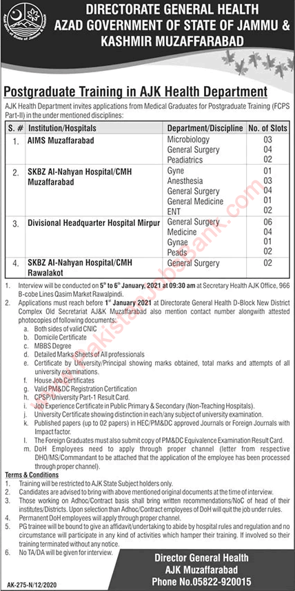 Health Department AJK Postgraduate Training December 2020 FCPS Part-II Latest