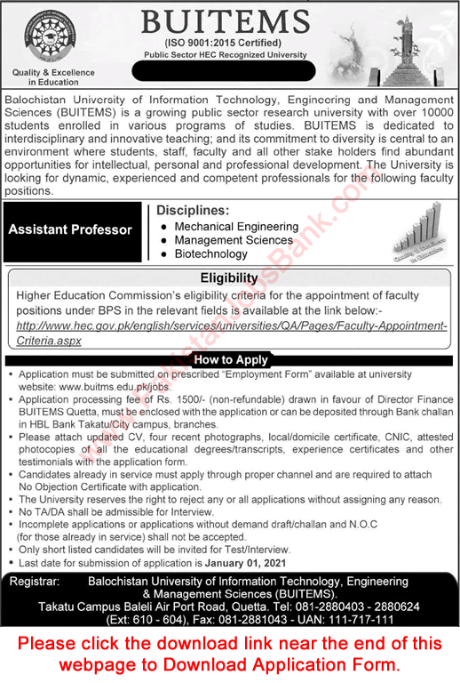 Assistant Professor Jobs in BUITEMS University Quetta December 2020 Application Form Latest