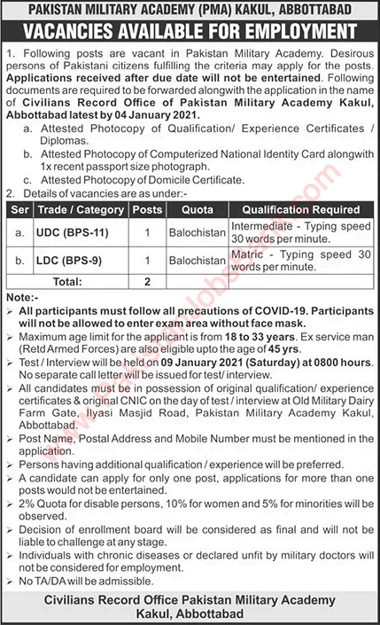 Clerk Jobs in PMA Kakul Abbottabad December 2020 Pakistan Military Academy Pak Army Latest