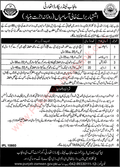 Punjab Land Record Authority Jobs December 2020 Drivers, Naib Qasid & Others Latest