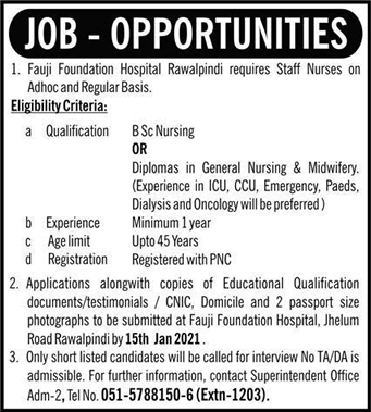 Staff Nurse Jobs in Fauji Foundation Hospital Rawalpindi 2021 January Latest