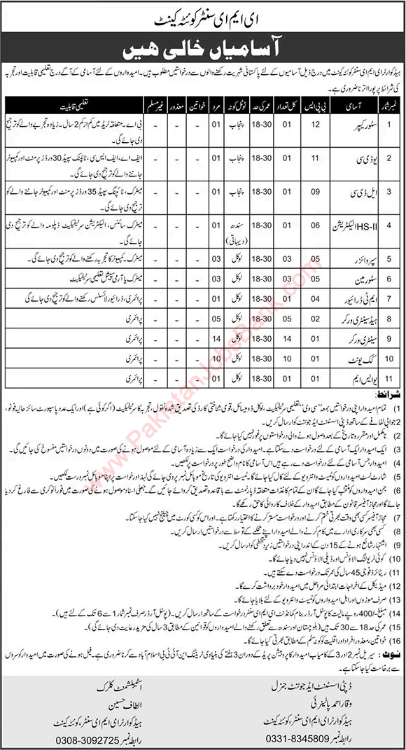 EME Center Quetta Cantt Jobs 2021 Sanitary Workers, Cooks & Others Pakistan Army Latest
