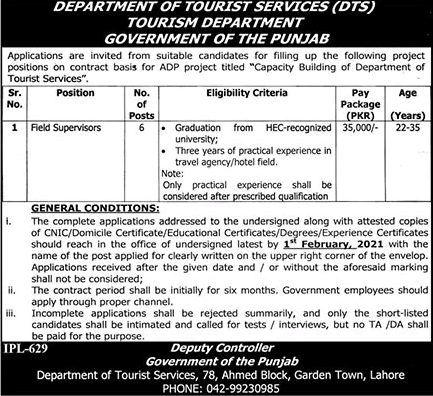 Field Supervisor Jobs in Tourism Department Punjab 2021 Department of Tourist Services Latest