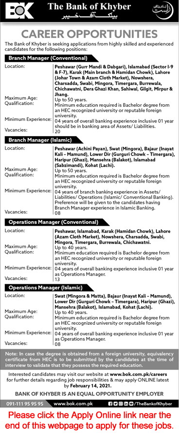 Bank of Khyber Jobs 2021 Apply Online Branch Managers & Operation Managers BOK Latest