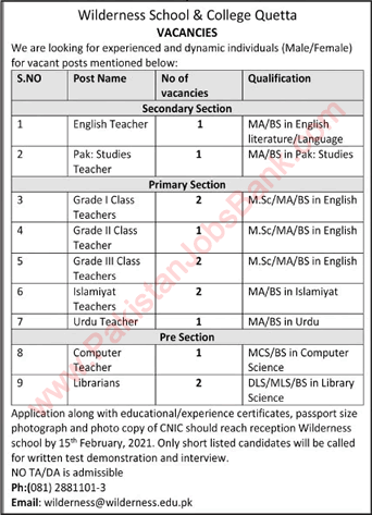 Wilderness School and College Quetta Jobs 2021 Teachers & Librarian Latest