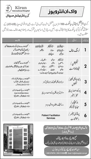 Kiran International Hospital Sialkot Jobs 2021 February Nurses, Medical Technicians & Others Walk in Interview Latest