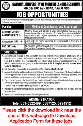 NUML University Rawalpindi Jobs 2021 February Application Form National University of Modern Languages Latest