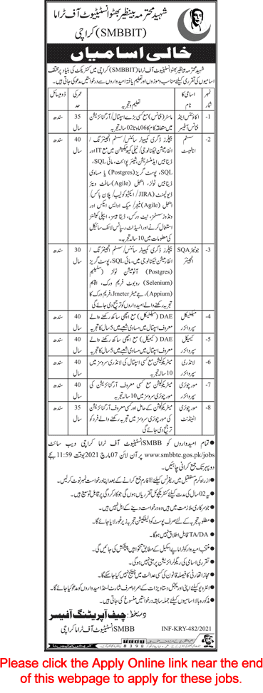 Shaheed Mohtarma Benazir Bhutto Institute of Trauma Karachi Jobs 2021 February SMBBIT Apply Online Latest