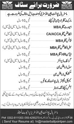 Master Ballpoint Pen Industries Pvt Ltd Gujranwala Jobs 2021 February Accounts Manager & Others Latest