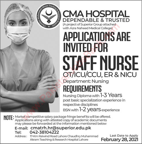 Staff Nurse Jobs in CMA Hospital Lahore 2021 February Latest