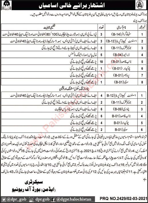 Board of Revenue Balochistan Jobs March 2020 Naib Qasid, Computer Operators & Others Latest