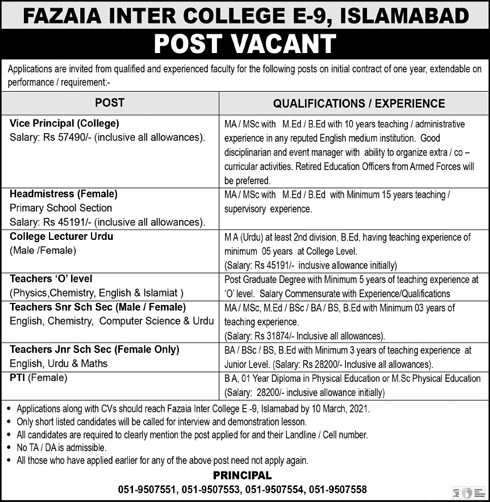Fazaia Inter College Islamabad Jobs 2021 March Teachers & Others Latest