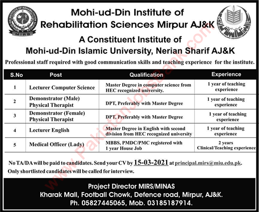 Mohi Ud Din Institute of Rehabilitation Sciences Mirpur Jobs 2021 March Lecturers, Demonstrators & Medical Officer Latest