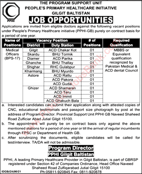 Medical Officer Jobs in PPHI Gilgit Baltistan 2021 March Peoples Primary Healthcare Initiative Latest