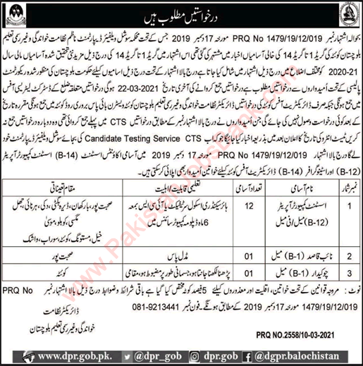 Literacy and Non Formal Education Department Balochistan Jobs 2021 March Computer Operators & Others Latest