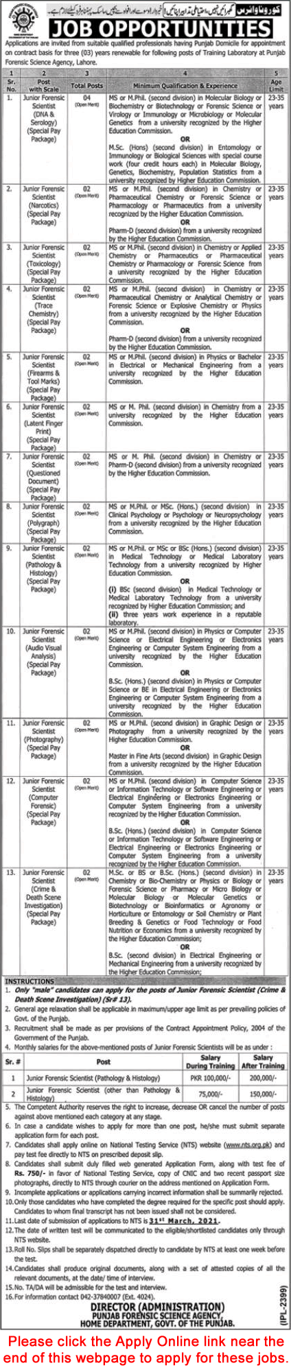 Junior Forensic Scientists Jobs in Punjab Forensic Science Agency March 2021 PFSA Lahore NTS Apply Online Latest