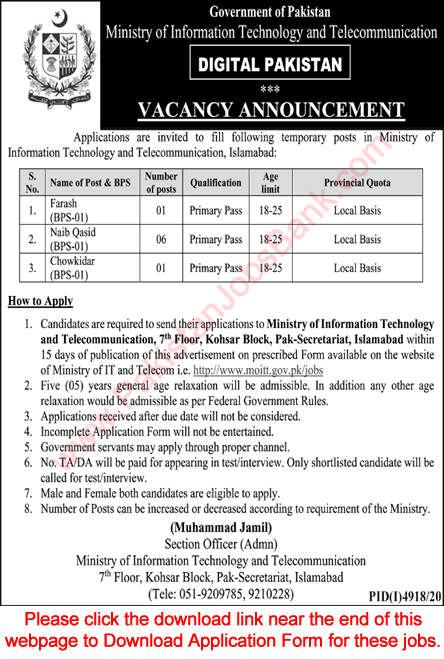 Ministry of Information Technology Jobs March 2021 MoIT Application Form Naib Qasid & Others Latest