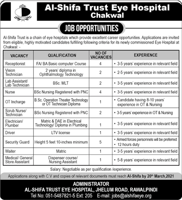 Al Shifa Trust Eye Hospital Chakwal Jobs 2021 March Security Guards, Receptionists & Others Latest