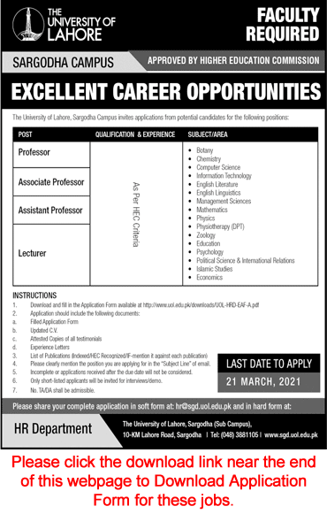University of Lahore Sargodha Campus Jobs 2021 March Application Form UOL Teaching Faculty Latest